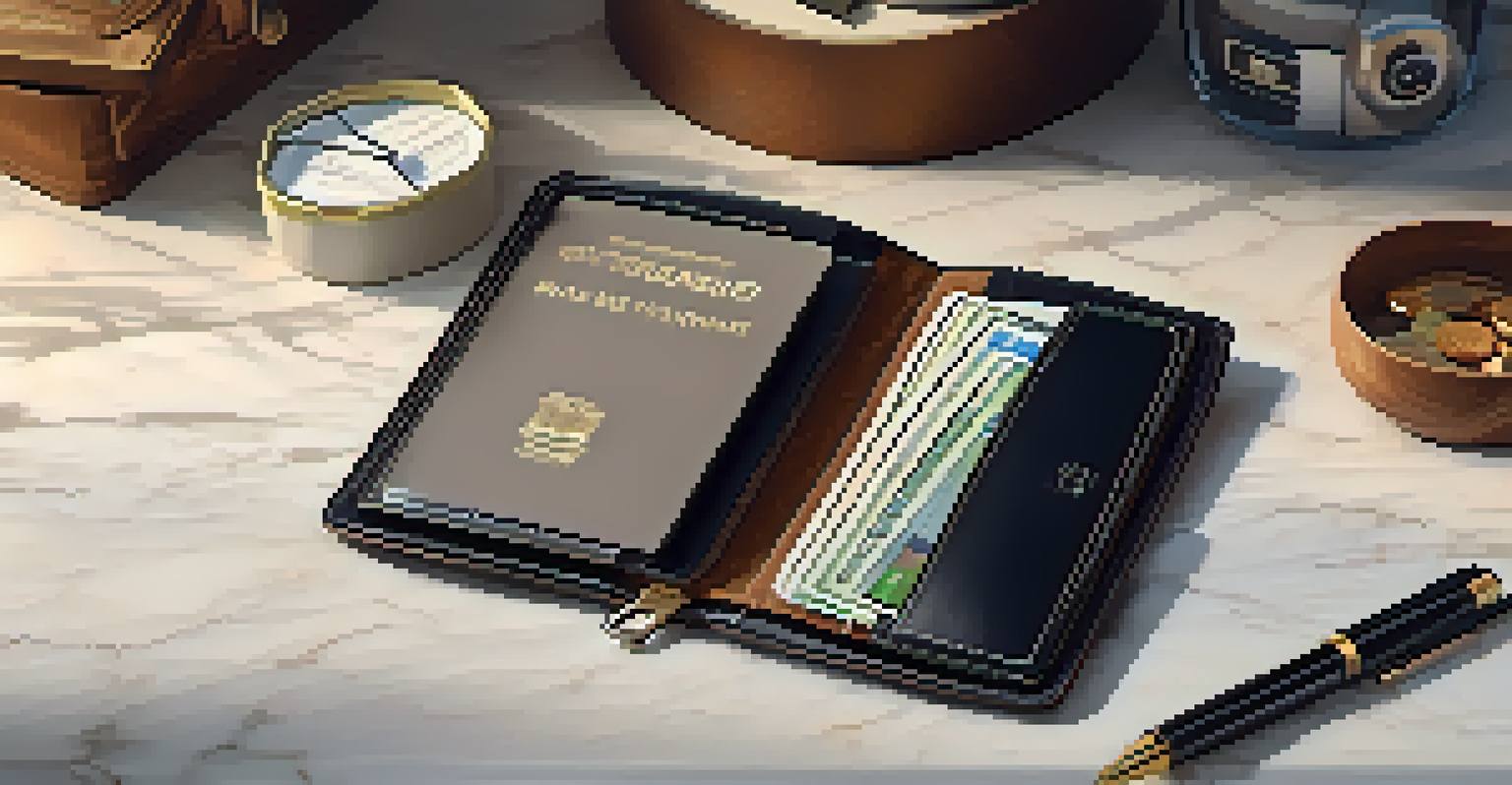 An open travel wallet displaying a passport and cards on a marble countertop.