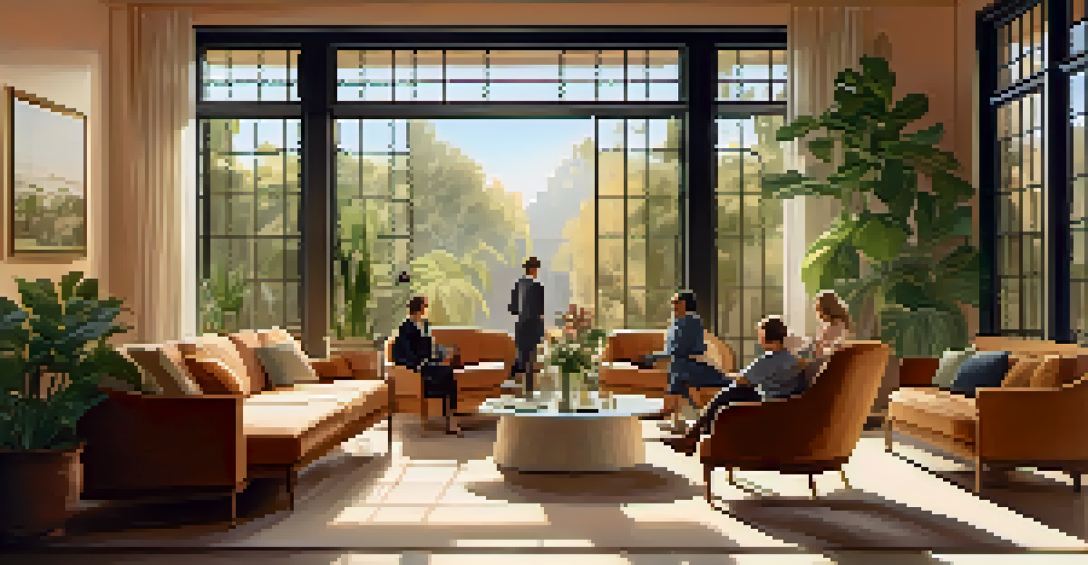 A calm coaching session in a bright room with a person speaking to a coach, surrounded by greenery and soft furnishings.