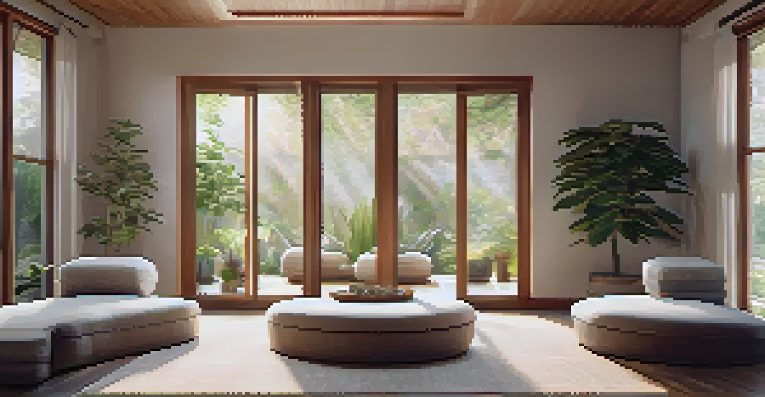A cozy meditation room in a wellness retreat with soft cushions and natural light, creating a peaceful atmosphere.