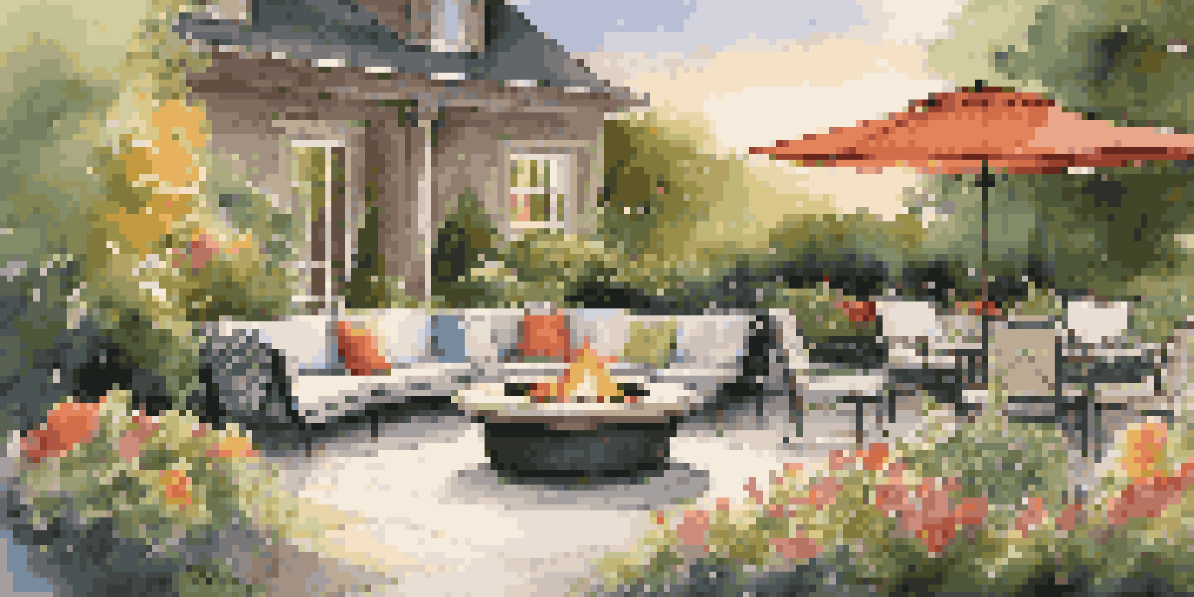 An elegant outdoor garden with stylish furniture, colorful flowers, and a cozy fire pit, illuminated by soft evening light.