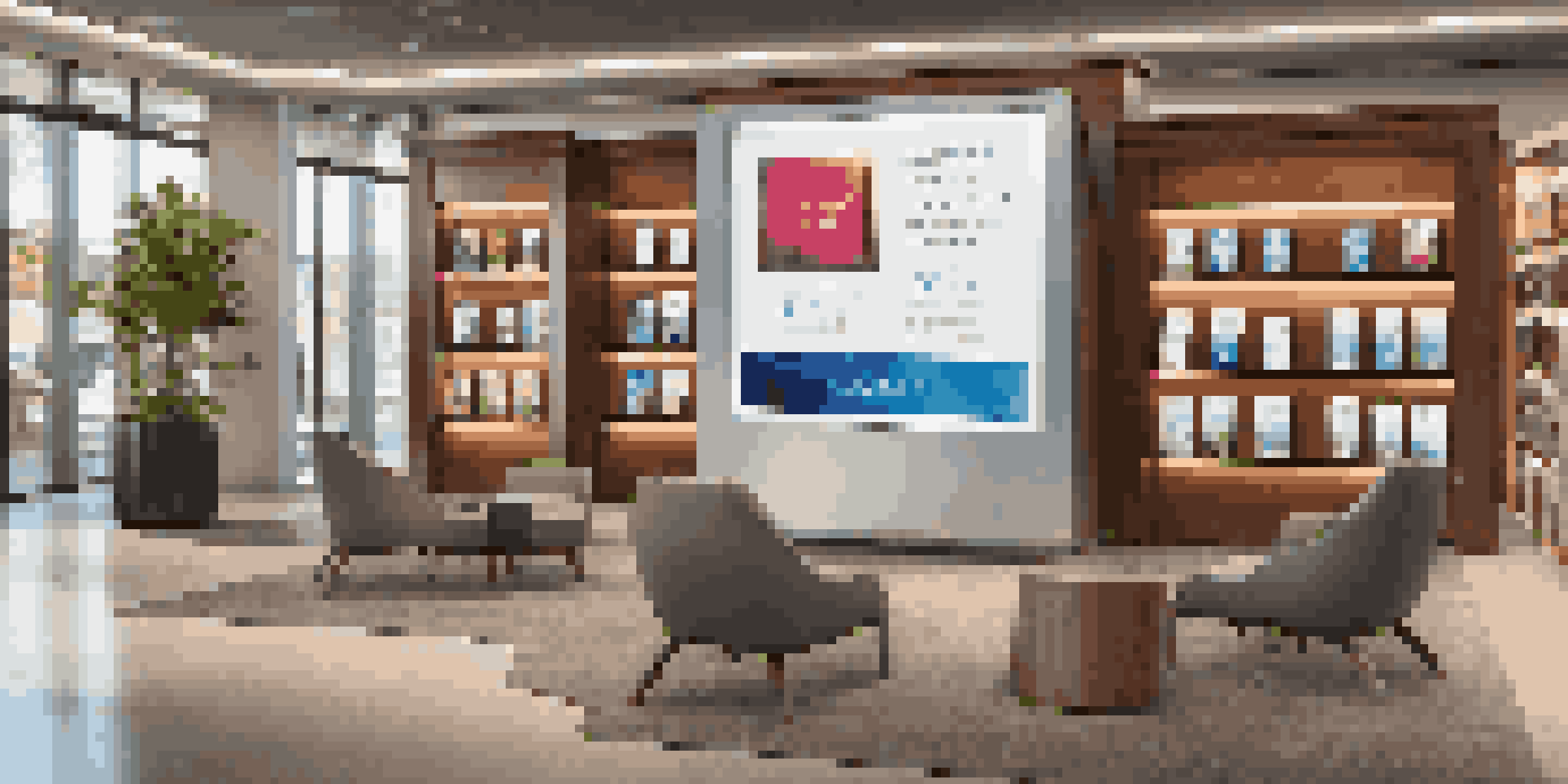 A sleek digital kiosk in a luxury library displaying vibrant event information, surrounded by comfortable seating and modern decor.