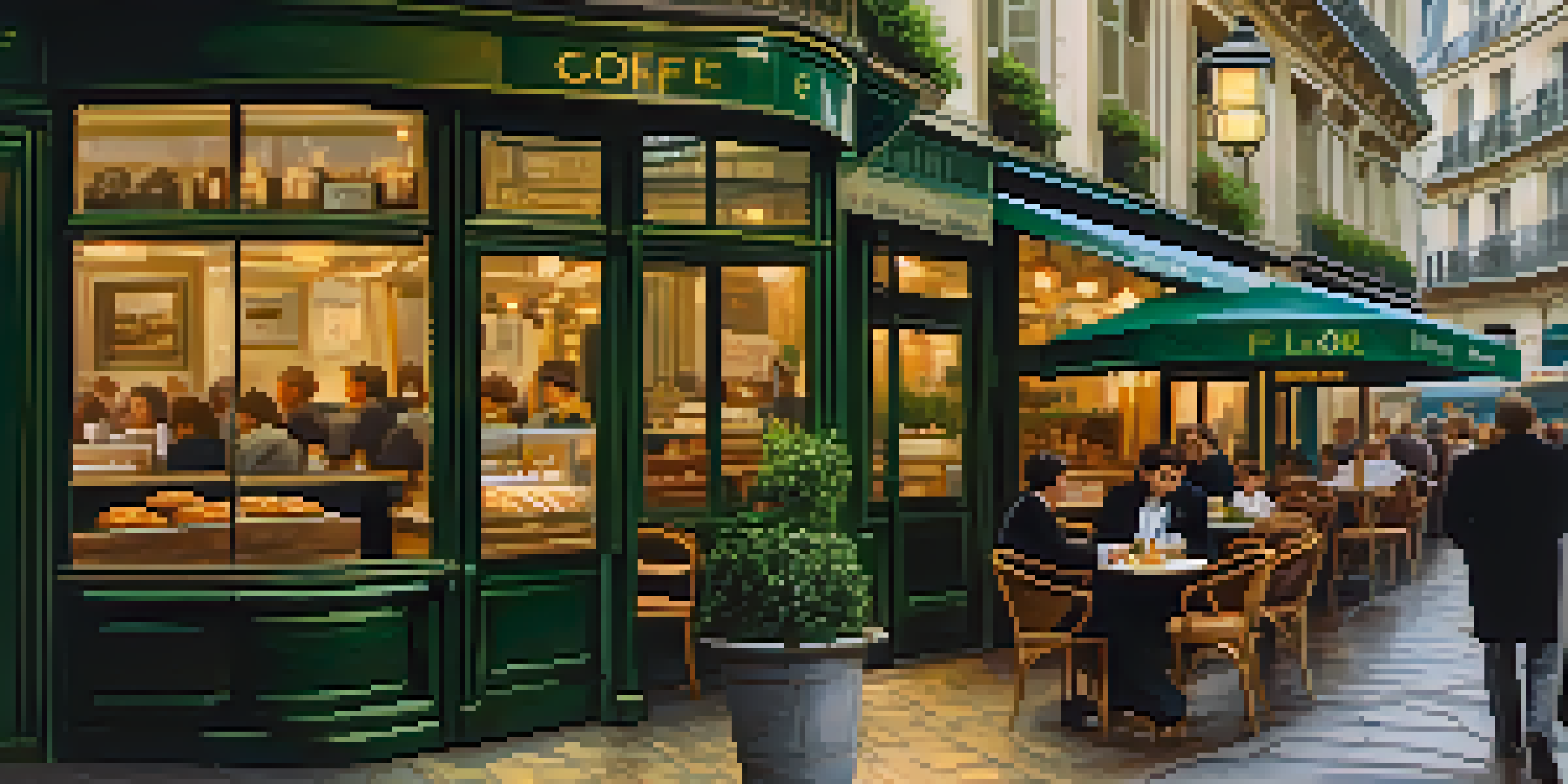 A cozy corner of Café de Flore in Paris with elegant furniture and a selection of pastries, patrons enjoying coffee in warm lighting.