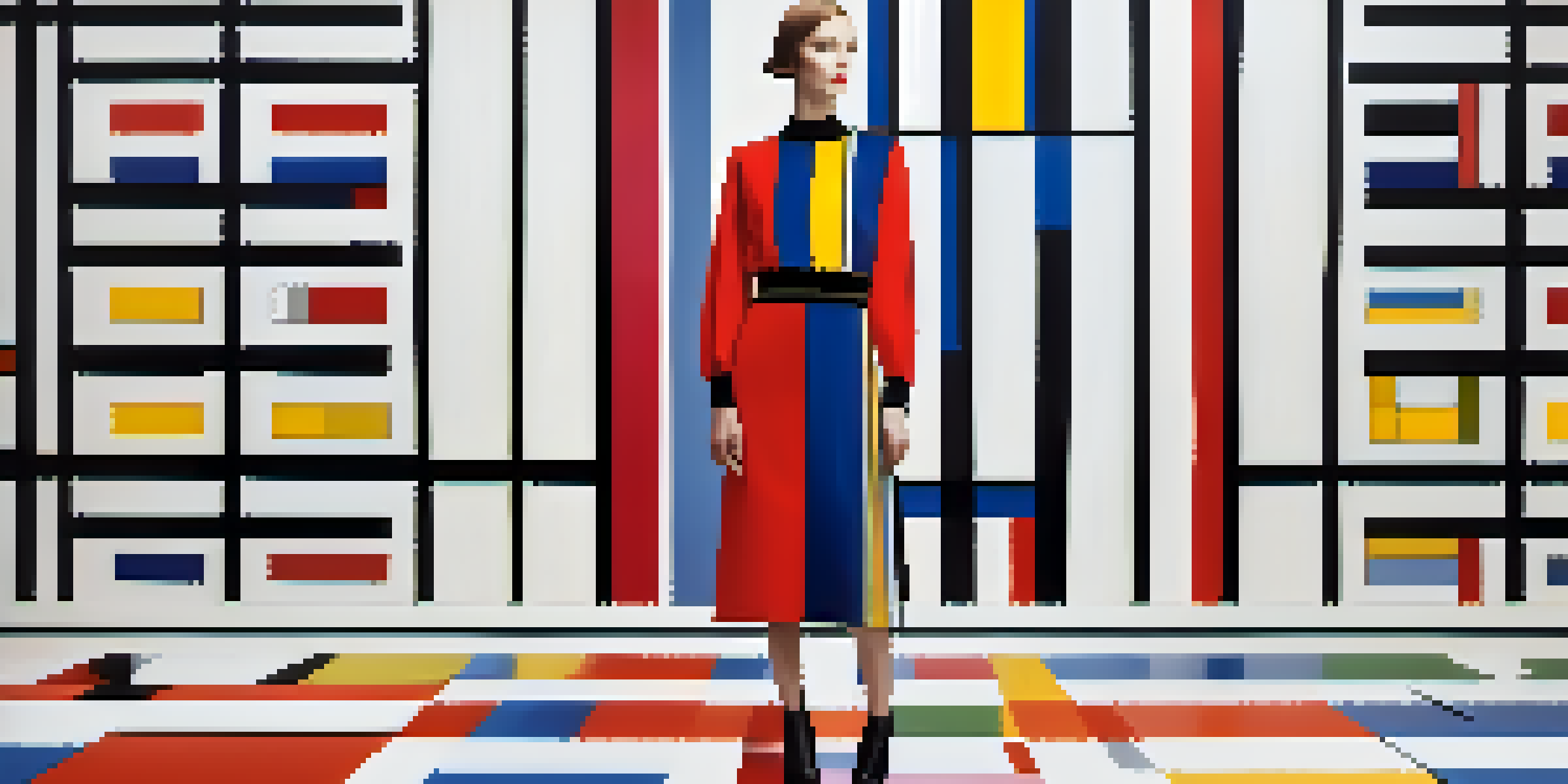 A mannequin wearing a colorful dress inspired by Mondrian's artwork, displayed in an art gallery with soft lighting.