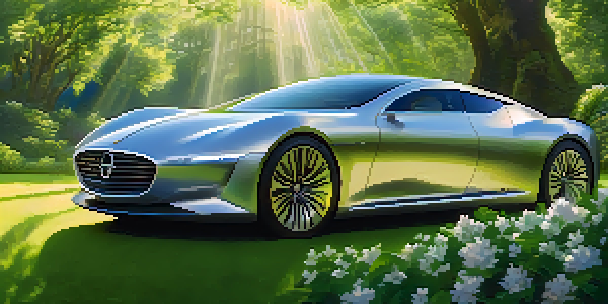 An eco-friendly luxury car in a green landscape with trees and flowers, illuminated by sunlight.