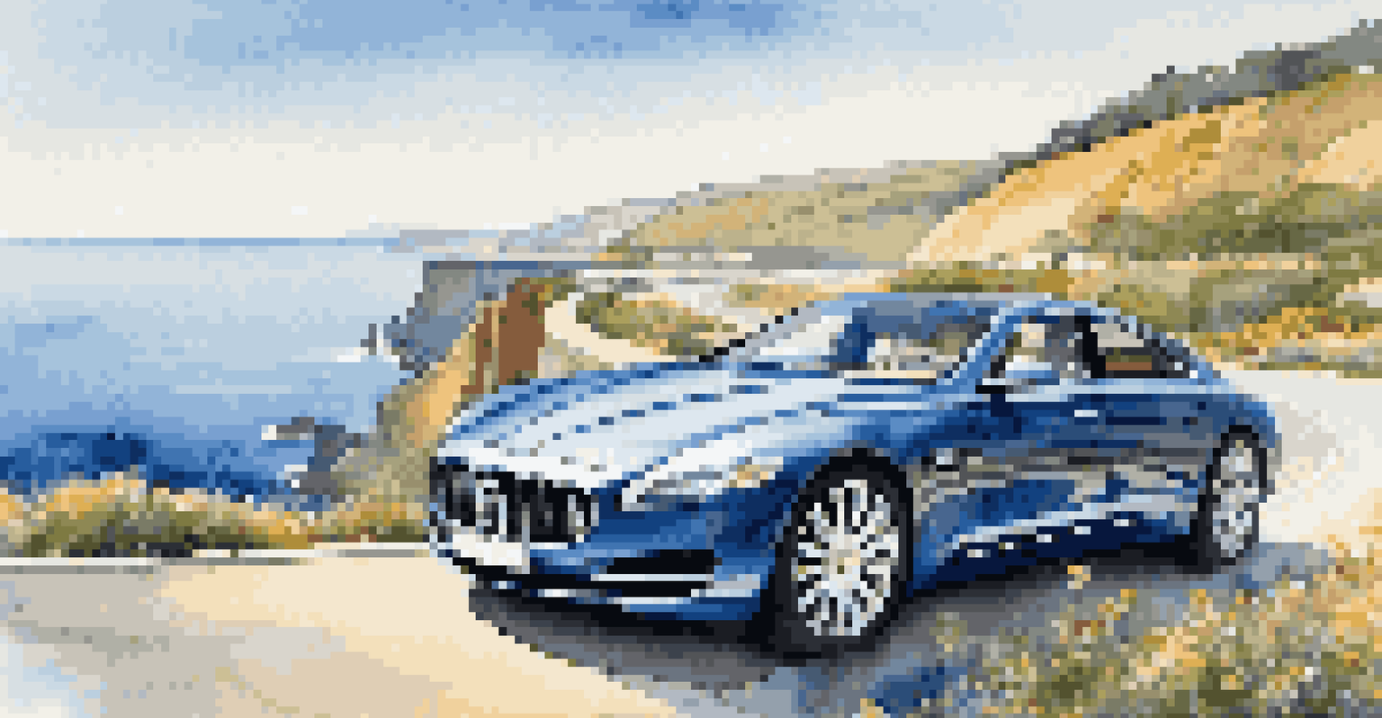 A luxury car on a coastal road with cliffs and ocean in the background, under a clear blue sky.