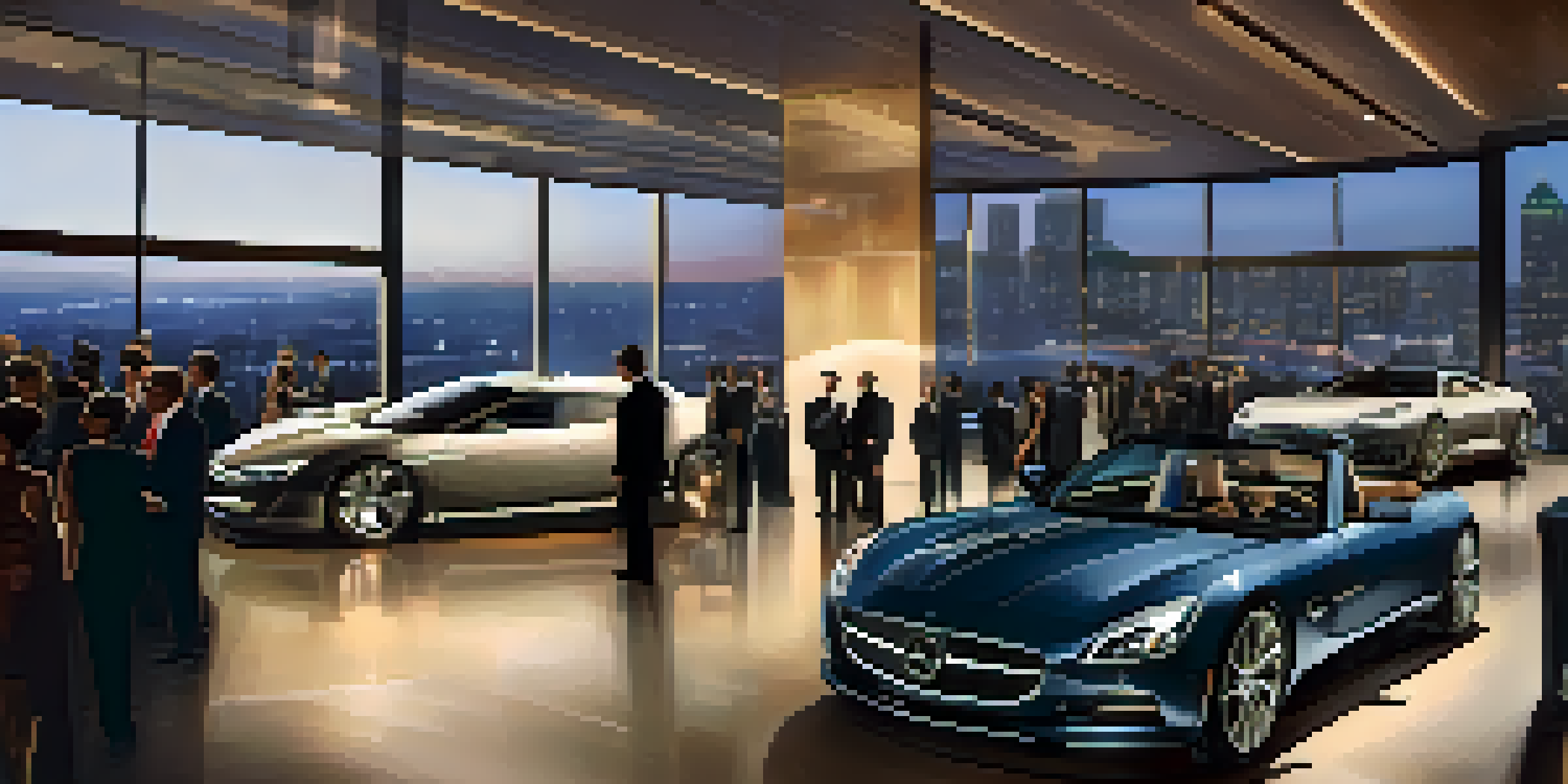 A luxury car launch event with a sleek sports car on display, elegant decor, and attendees in formal attire against a city skyline.