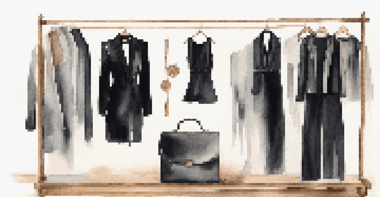 A minimalist wooden rack displaying a stylish capsule wardrobe with classic fashion pieces and chic accessories, emphasizing sophistication and elegance.