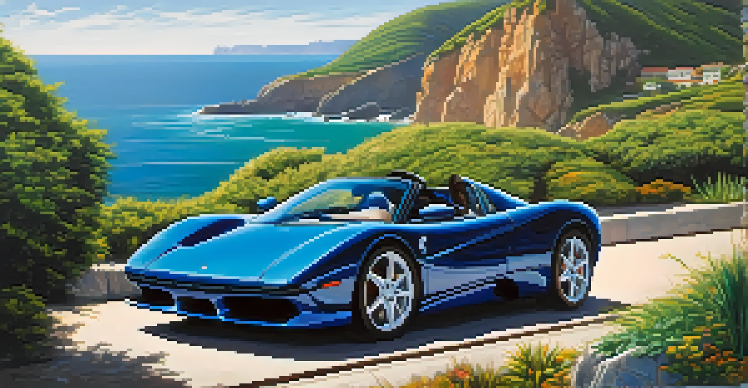 A sleek sports car on a coastal road, with dramatic cliffs and the ocean in the background, reflecting luxury and adventure.
