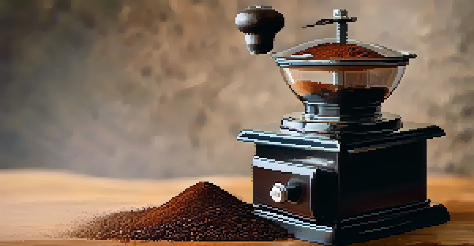 A close-up of a high-quality burr coffee grinder with freshly ground coffee spilling into a container, against a softly blurred background.