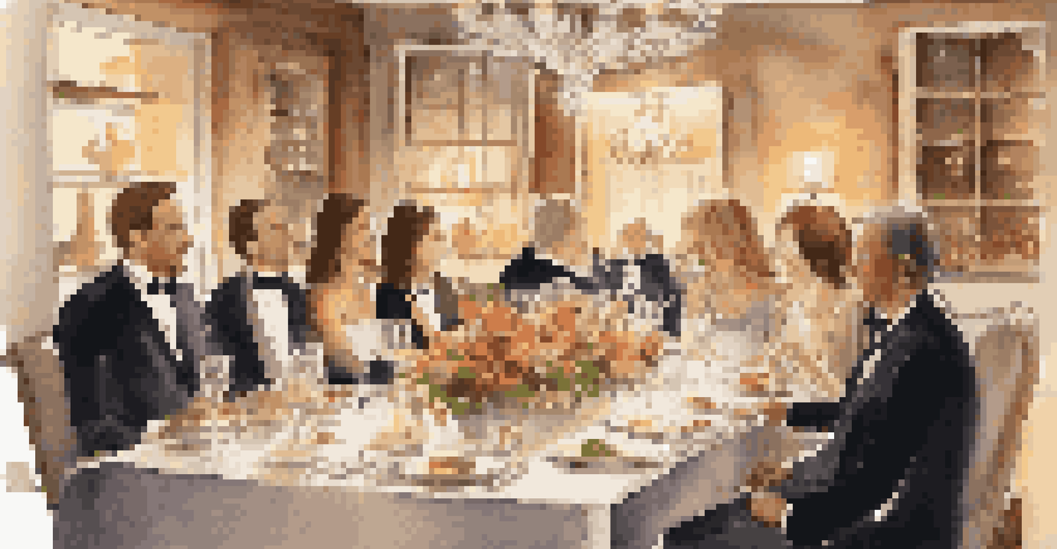 An elegant indoor dining table set for a celebration with gourmet food and warm lighting.