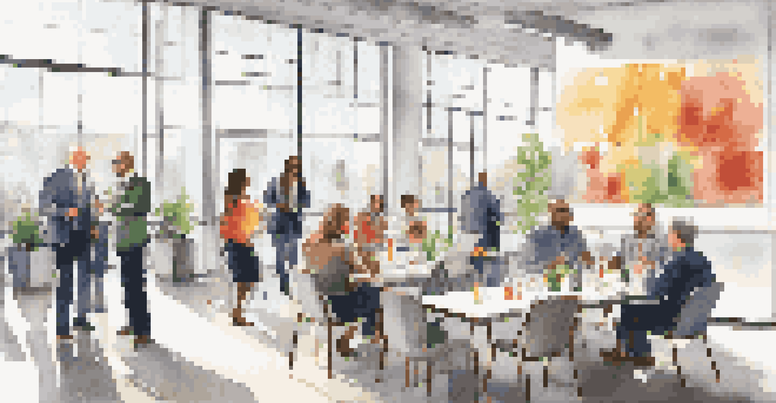 A modern networking event with diverse professionals engaging in conversation.