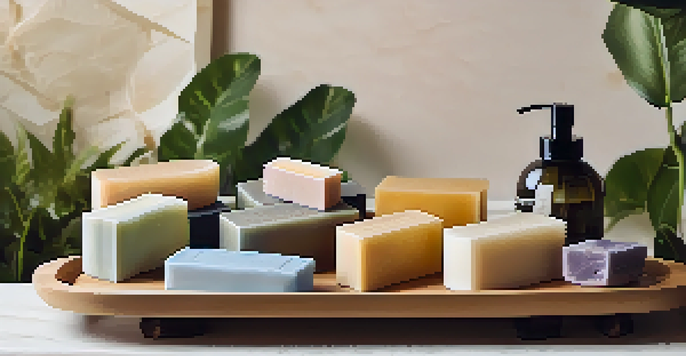 An artistic arrangement of colorful artisanal soaps on a wooden tray, accompanied by soft washcloths, illuminated by warm lighting.