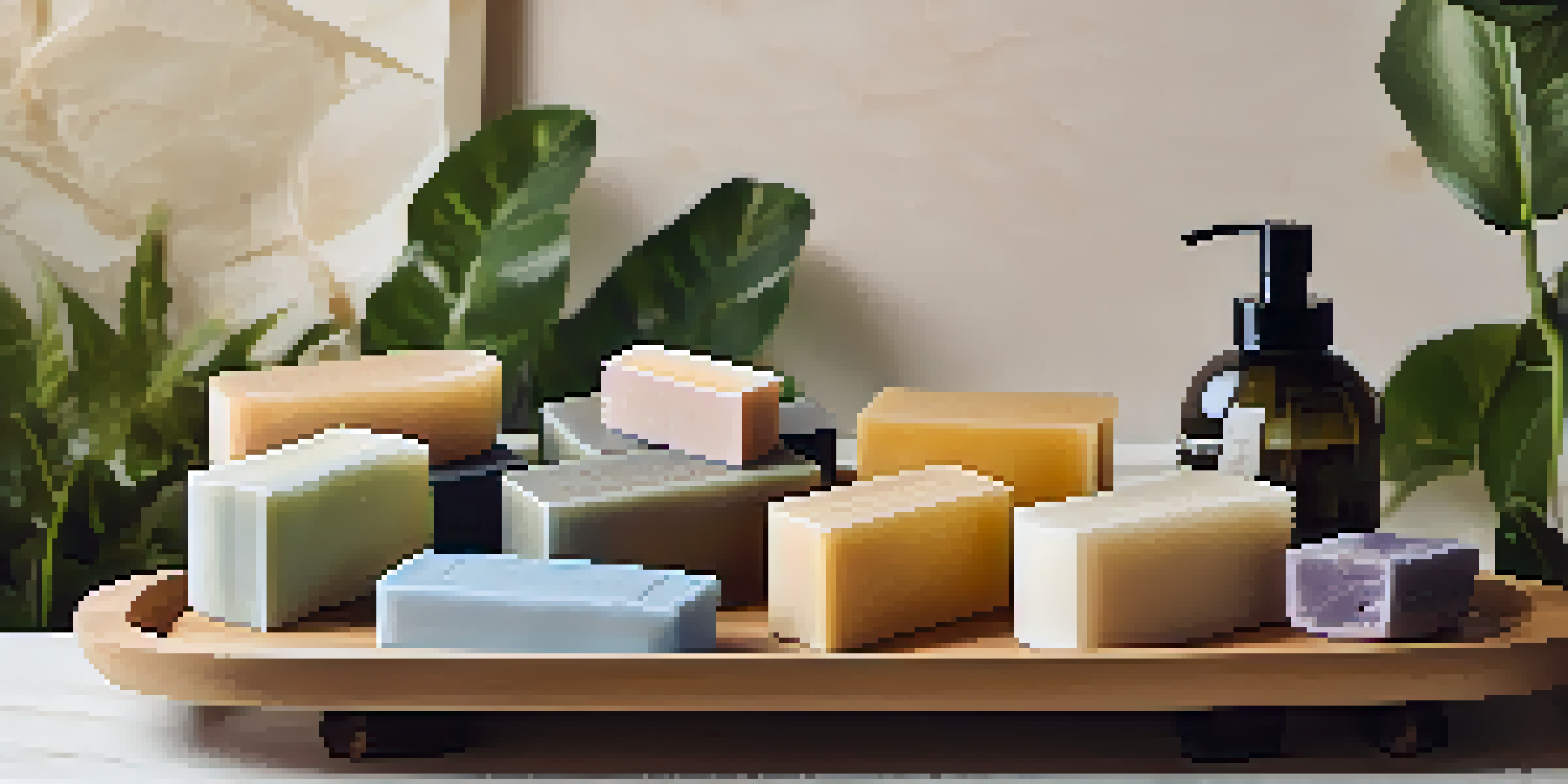 An artistic arrangement of colorful artisanal soaps on a wooden tray, accompanied by soft washcloths, illuminated by warm lighting.