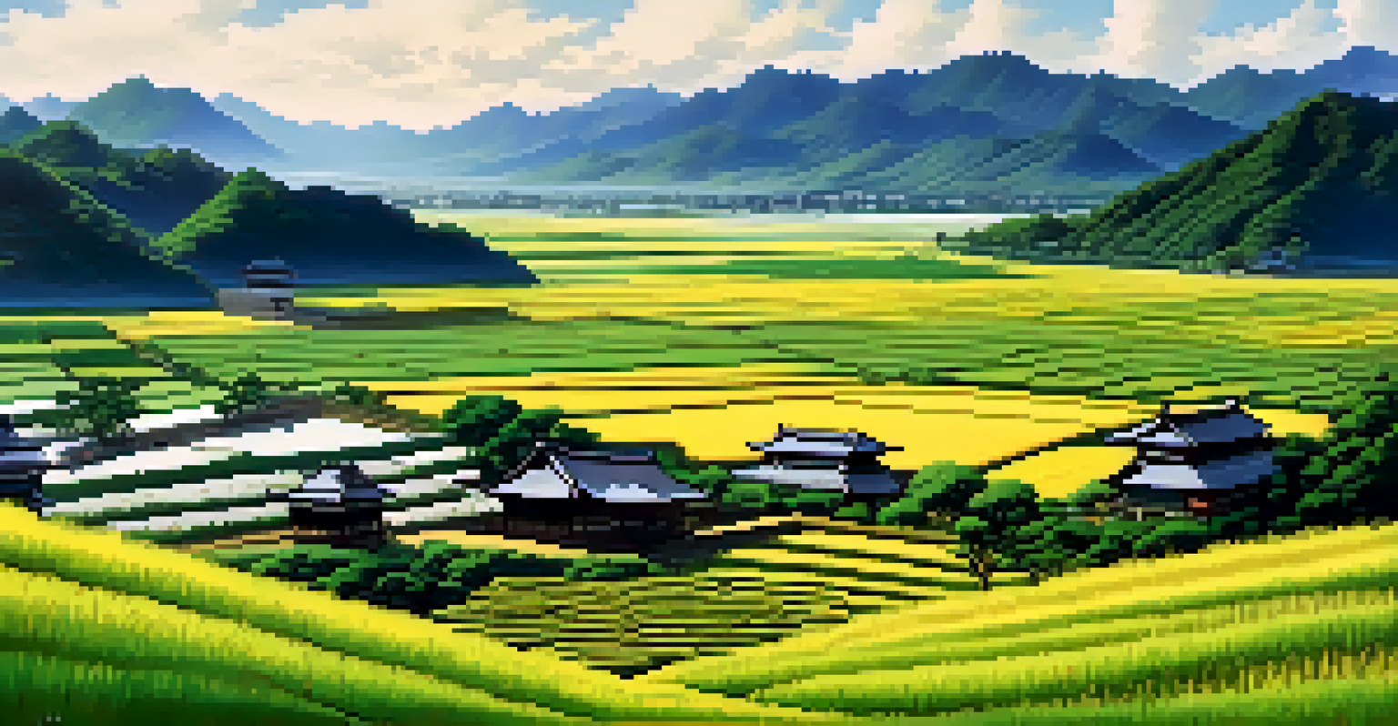 A scenic view of the Niigata region in Japan with rice fields, mountains, and a small sake brewery.