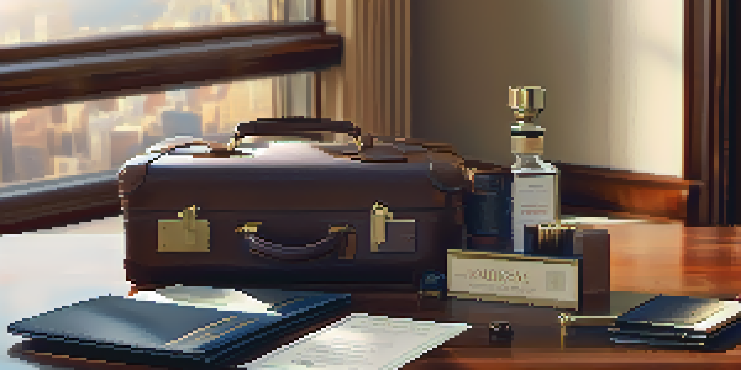 A passport, high-end suitcase, and travel documents arranged on a wooden table in a luxurious hotel lobby.