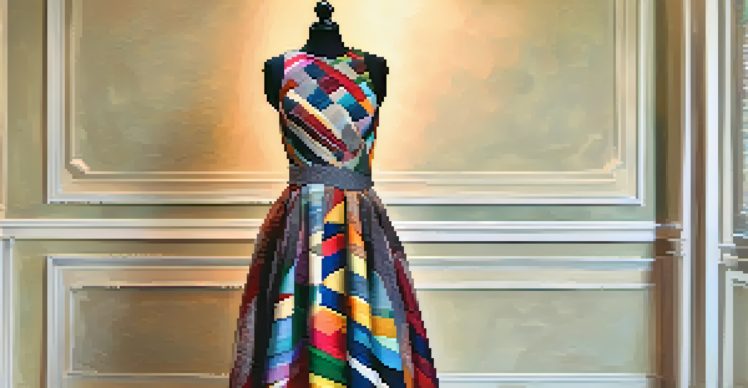 A dress made from repurposed fabric scraps displayed on a mannequin, showcasing various colors and patterns.