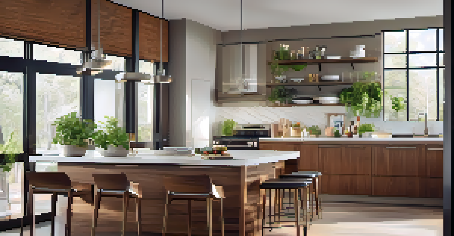 An elegant kitchen with a smart thermostat, sleek cabinetry, stainless steel appliances, and fresh herbs on the countertop.