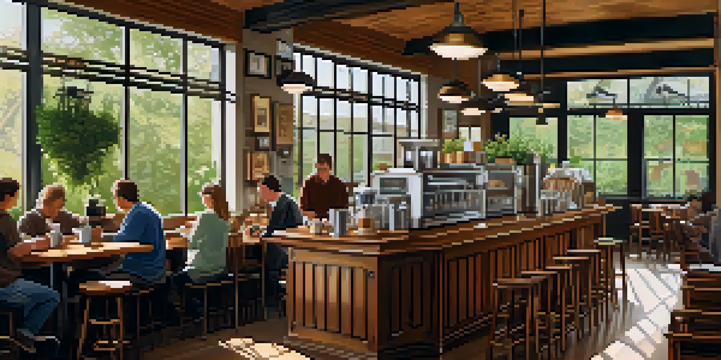 A warm and inviting coffee shop interior with customers enjoying coffee at rustic tables and a wooden counter displaying coffee beans.