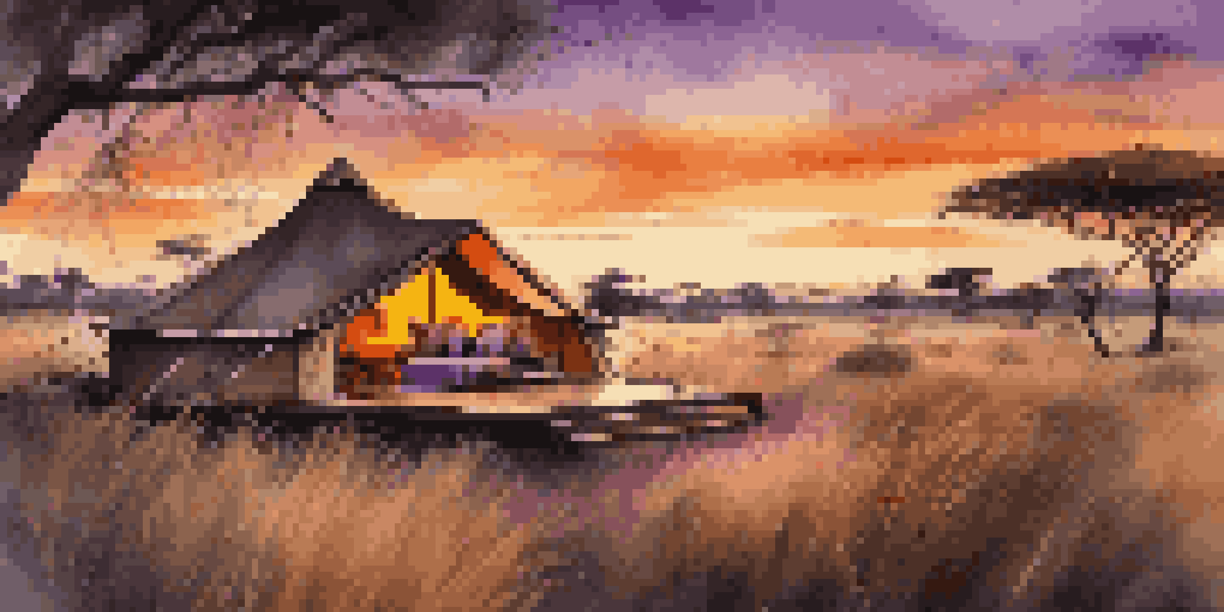 A luxurious glamping tent in the Kenyan savannah with elegant furnishings and a sunset backdrop.