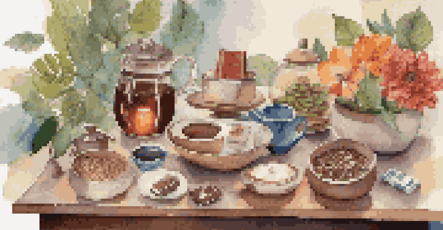 An artistic arrangement of fair trade products including coffee, tea, chocolate, and crafts, displayed on a table with natural elements and soft lighting.