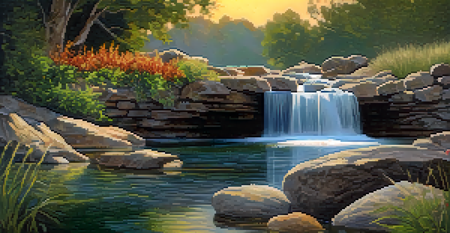 A rustic stone waterfall flowing into a pond, surrounded by plants, illuminated by sunset light.