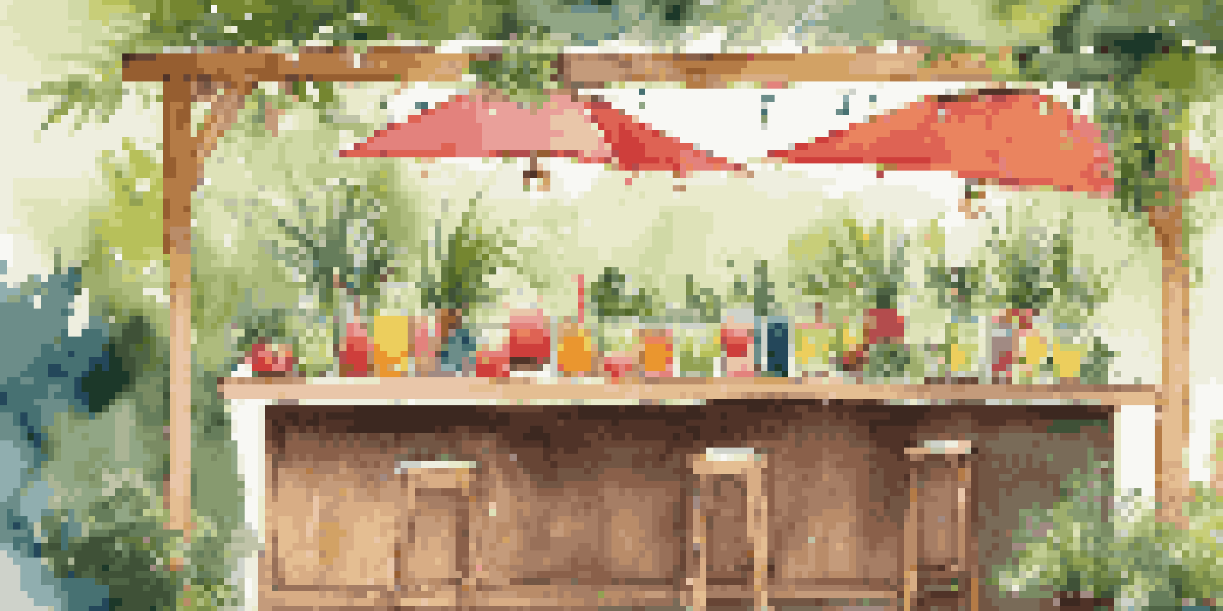 A lively outdoor cocktail station with guests mixing drinks surrounded by greenery and fairy lights.