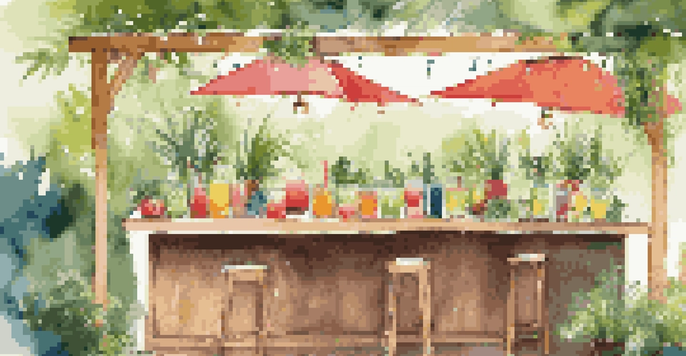 A lively outdoor cocktail station with guests mixing drinks surrounded by greenery and fairy lights.