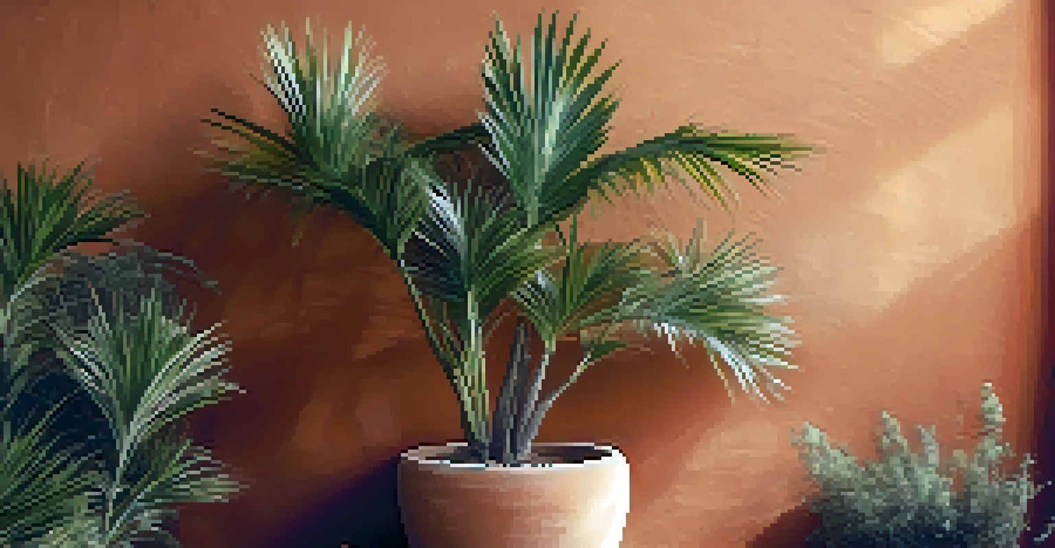 A close-up of a terracotta-painted wall with visible texture and soft shadows from plants.
