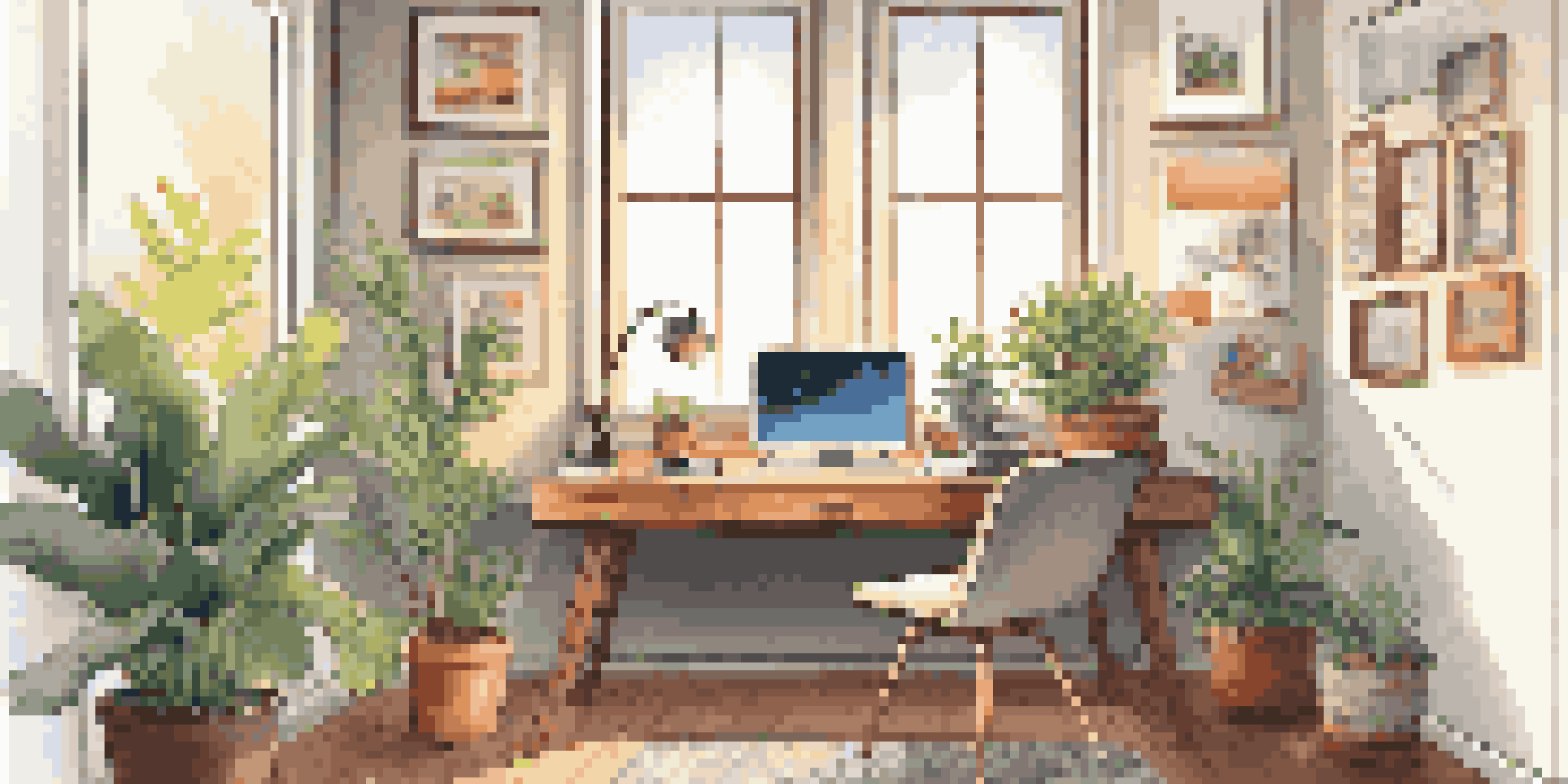 A well-organized home office with a wooden desk, ergonomic chair, laptop, potted plant, and motivational artwork under natural light.