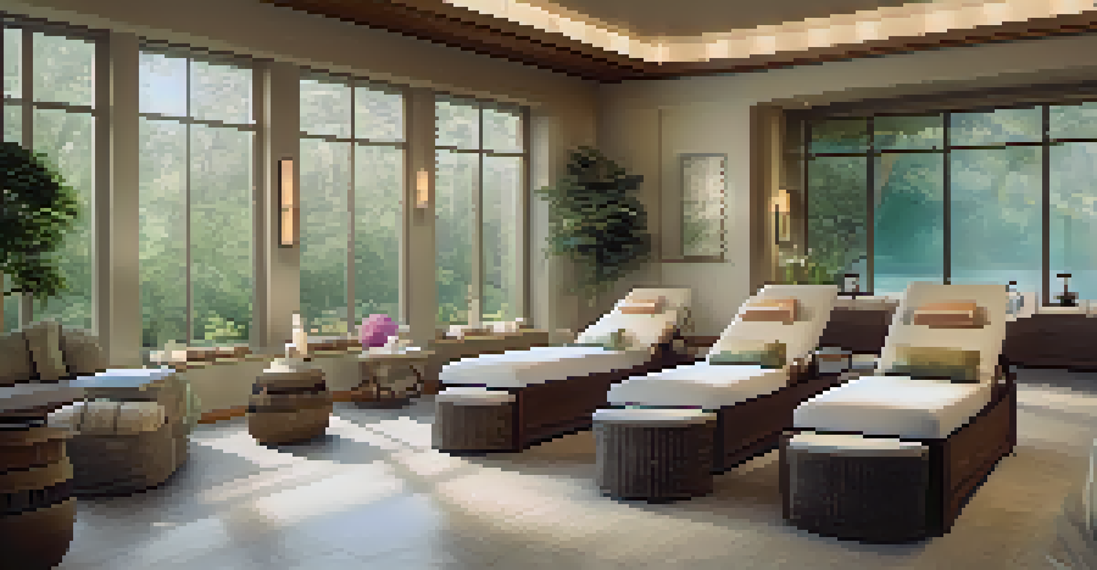 A cozy spa relaxation lounge with chaise lounges, natural light, and guests enjoying tea.