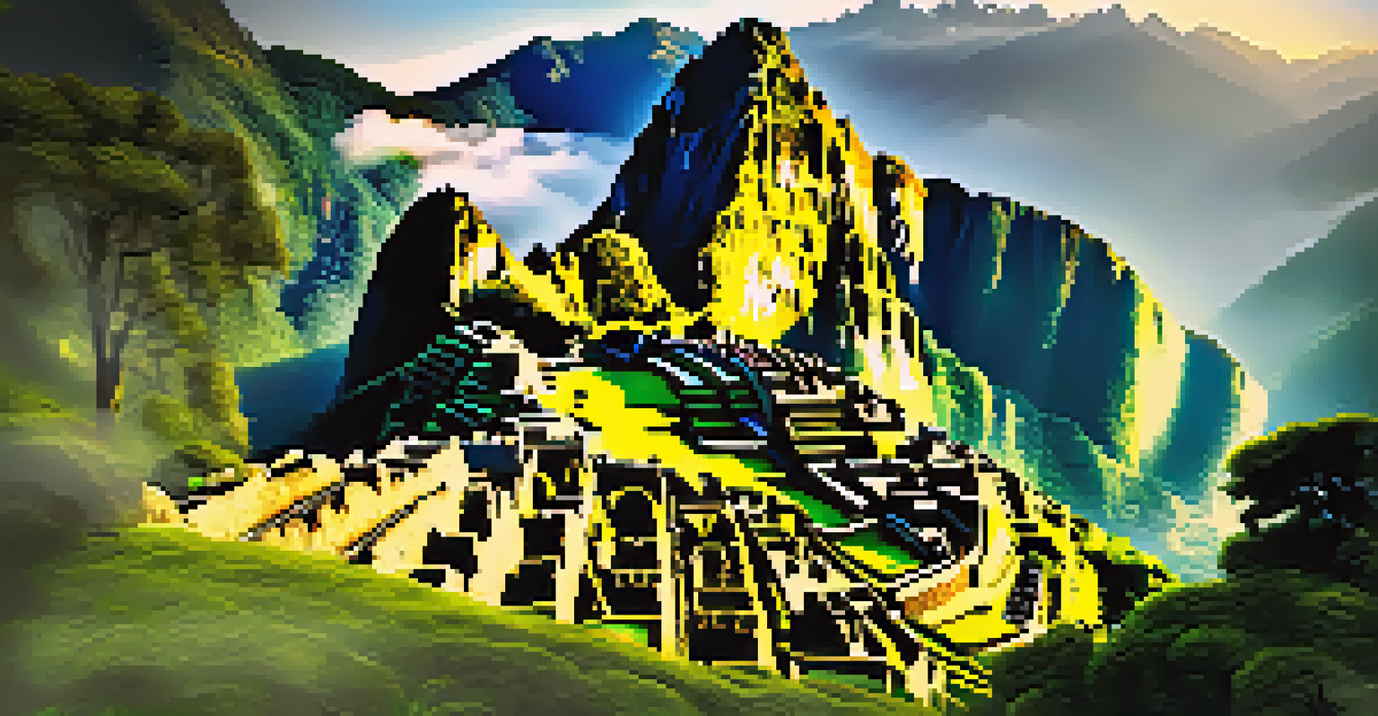 Machu Picchu at sunrise, showcasing the ancient ruins and surrounding mountains enveloped in mist.