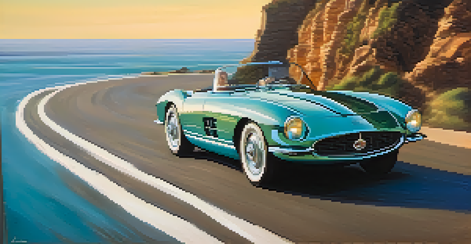A luxury car driving fast along a coastal road with cliffs and ocean views.