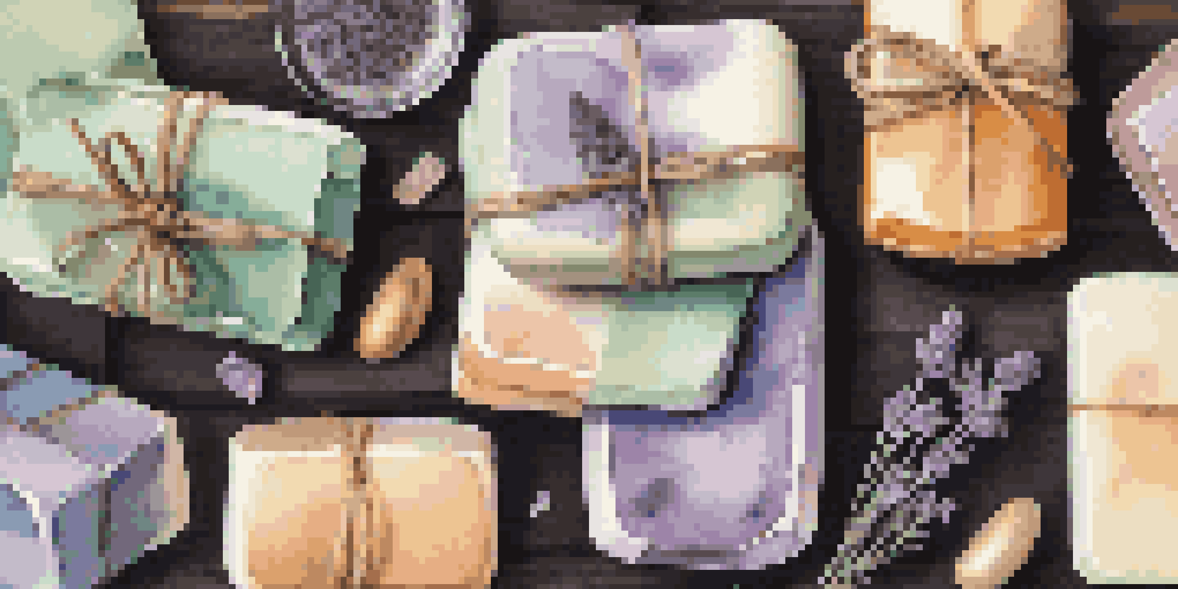 An aesthetically pleasing flat lay of handcrafted luxury soaps in vibrant colors on a wooden surface, surrounded by natural elements like dried lavender and eucalyptus leaves.