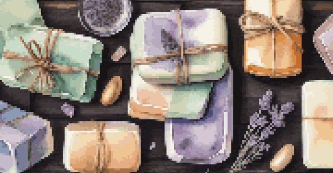 An aesthetically pleasing flat lay of handcrafted luxury soaps in vibrant colors on a wooden surface, surrounded by natural elements like dried lavender and eucalyptus leaves.