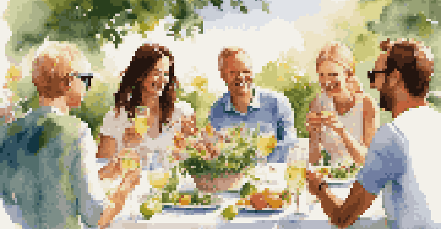 An outdoor picnic with white wine glasses and light appetizers, surrounded by flowers and greenery on a sunny day.