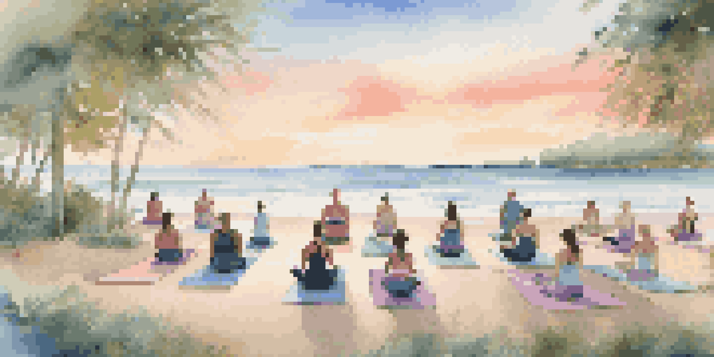 Participants practicing yoga on a beach at sunrise, surrounded by nature and tranquility.