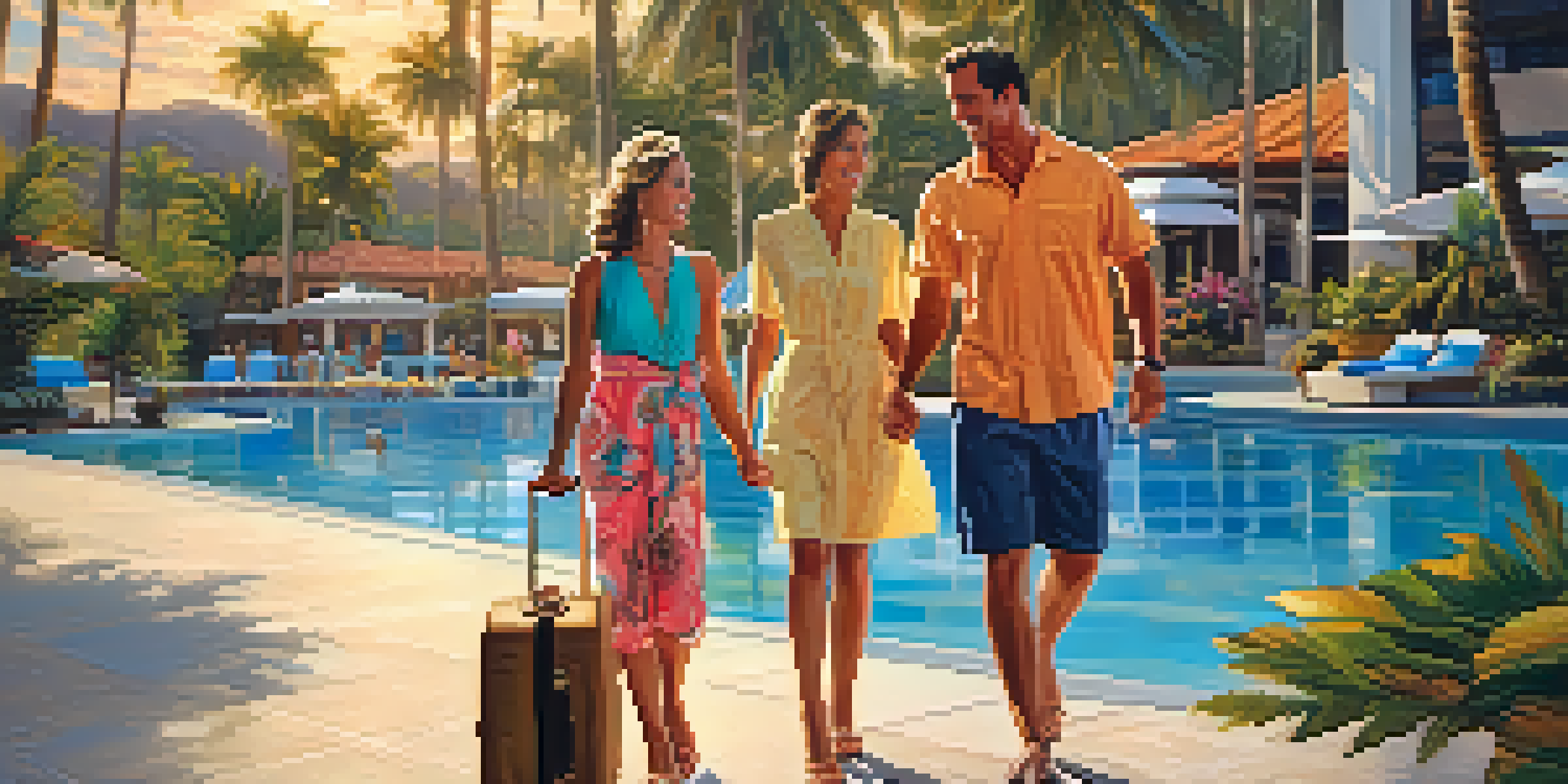 A family of four arriving at a tropical resort, greeted with welcome gifts, surrounded by palm trees and a pool during sunset.