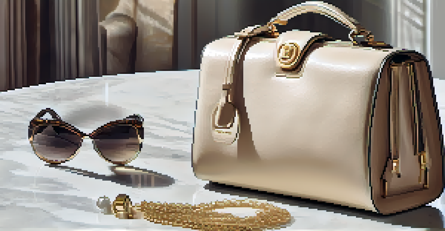 A close-up of a luxury handbag and accessories on a marble table, showcasing high-quality materials and elegant design.