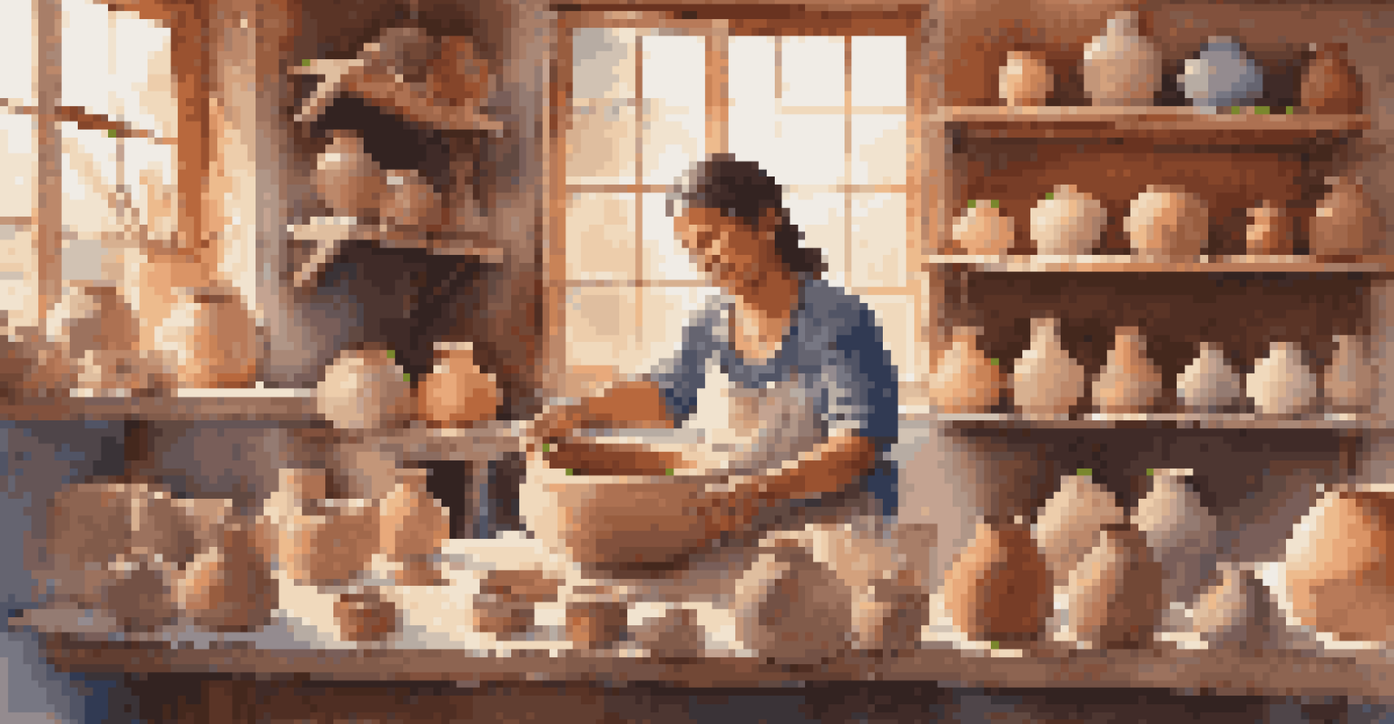 A local artisan crafting pottery in a workshop, surrounded by colorful handmade crafts and illuminated by natural light.