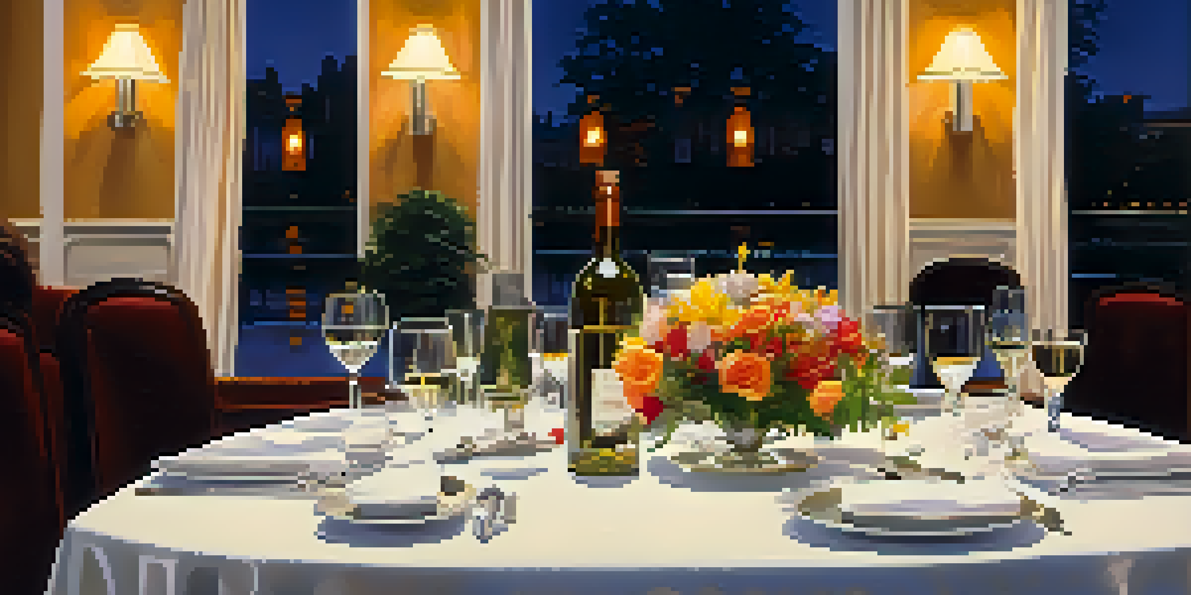 An elegantly set fine dining table with a white tablecloth, polished silverware, and crystal glasses, illuminated by soft warm lighting and adorned with colorful flowers.