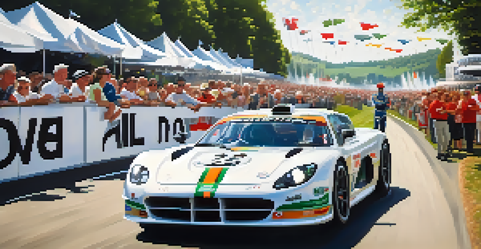 A celebrity chef presenting gourmet food at the Goodwood Festival of Speed, with racing cars and enthusiastic spectators in the background.