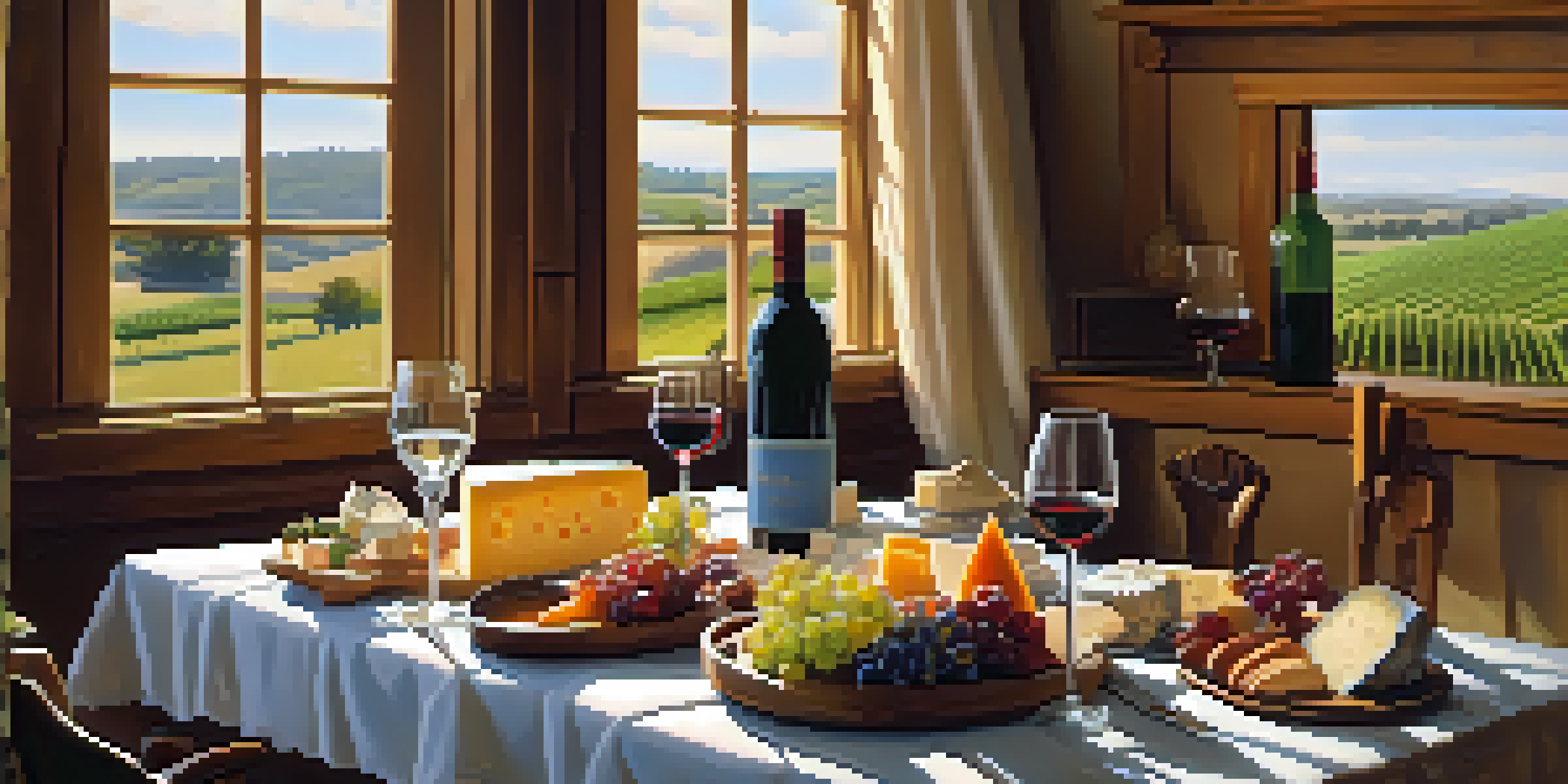 A cozy dining area with wine bottles, glasses, a cheese platter, and a view of a vineyard outside.