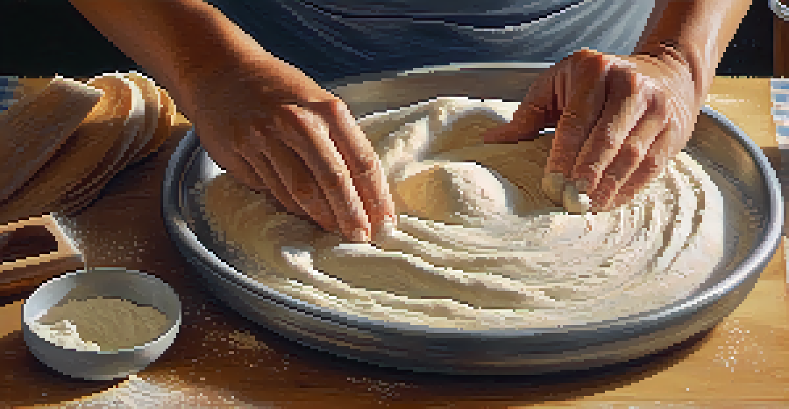 A baker kneading dough with flour scattered around, showcasing warm sunlight filtering through a kitchen window.