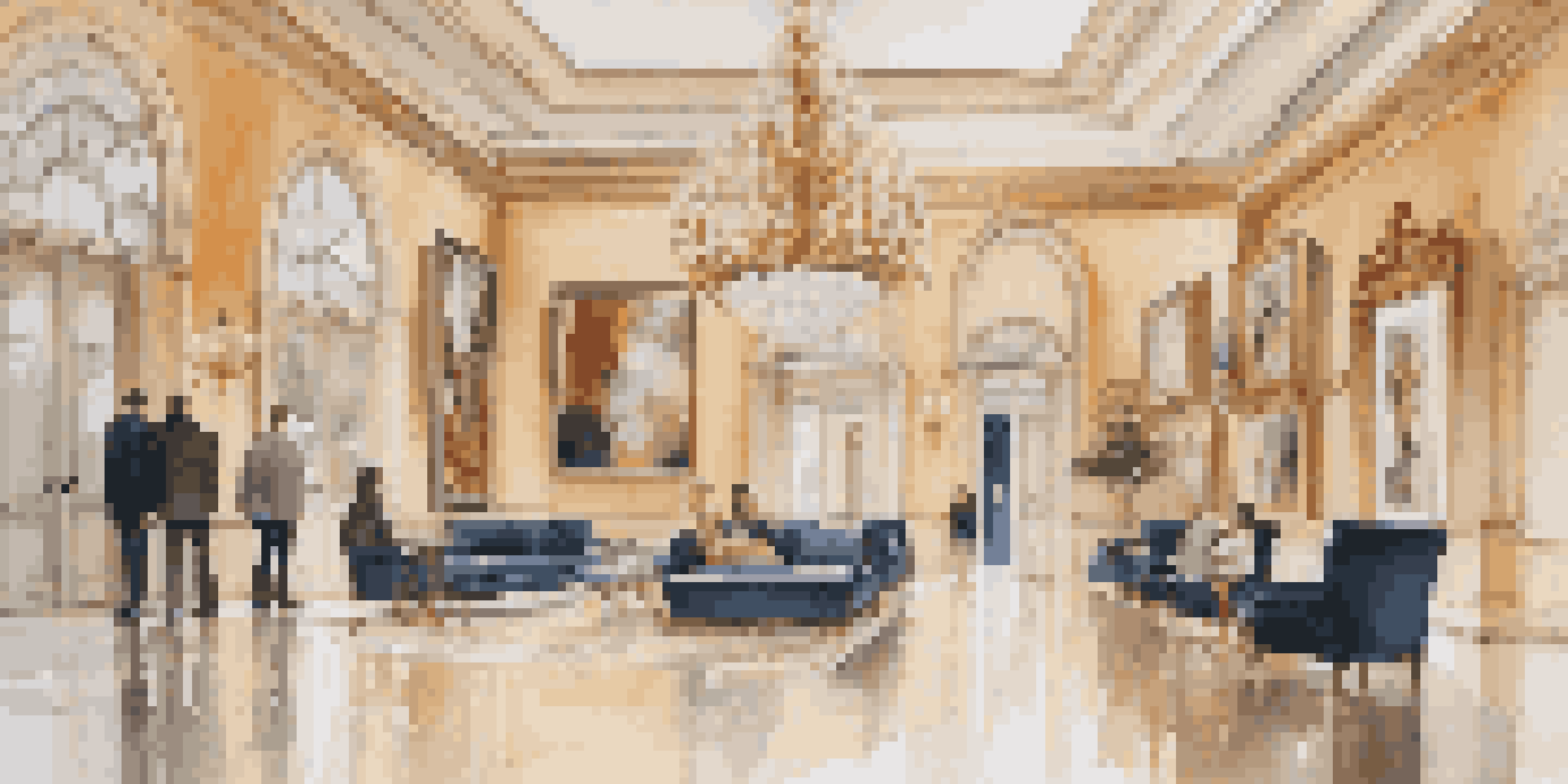 An elegant art gallery with high ceilings, chandeliers, marble floors, and colorful contemporary paintings on the walls.