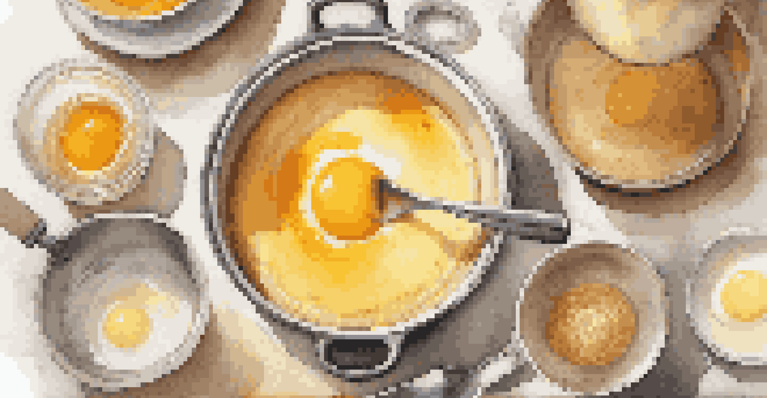 Ingredients for crème brûlée preparation, featuring whisked egg yolks and granulated sugar in a bowl with warm cream simmering in the background.