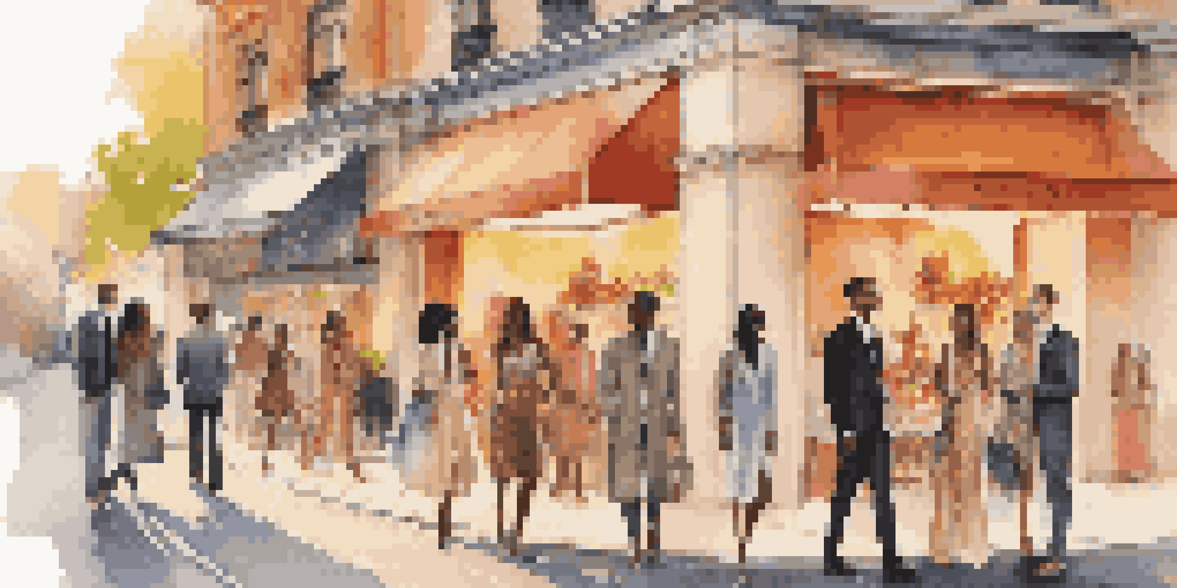 A lively urban scene with young adults in luxury fashion in front of a boutique, illuminated by a sunset.
