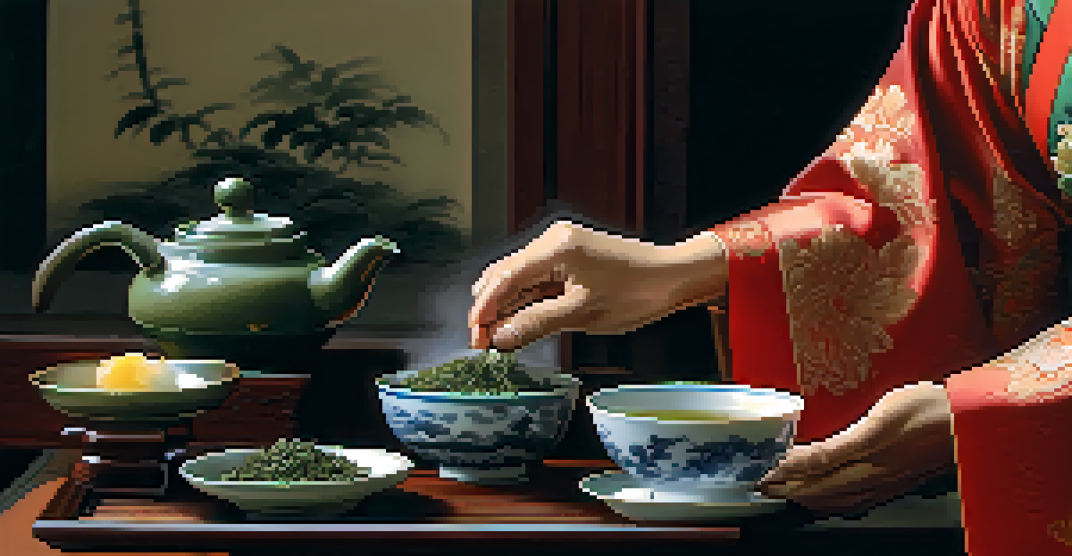 A close-up of a tea master pouring water over tea leaves during a Gongfu tea ceremony.