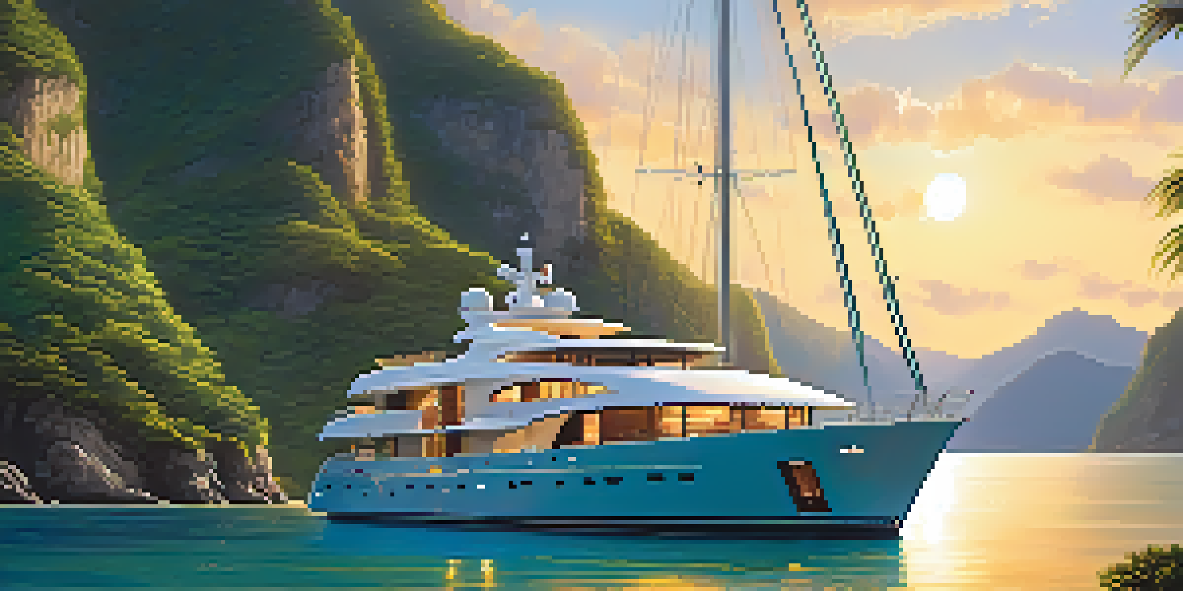 A luxurious yacht anchored in a turquoise bay at sunset, surrounded by mountains with people enjoying drinks on the deck.