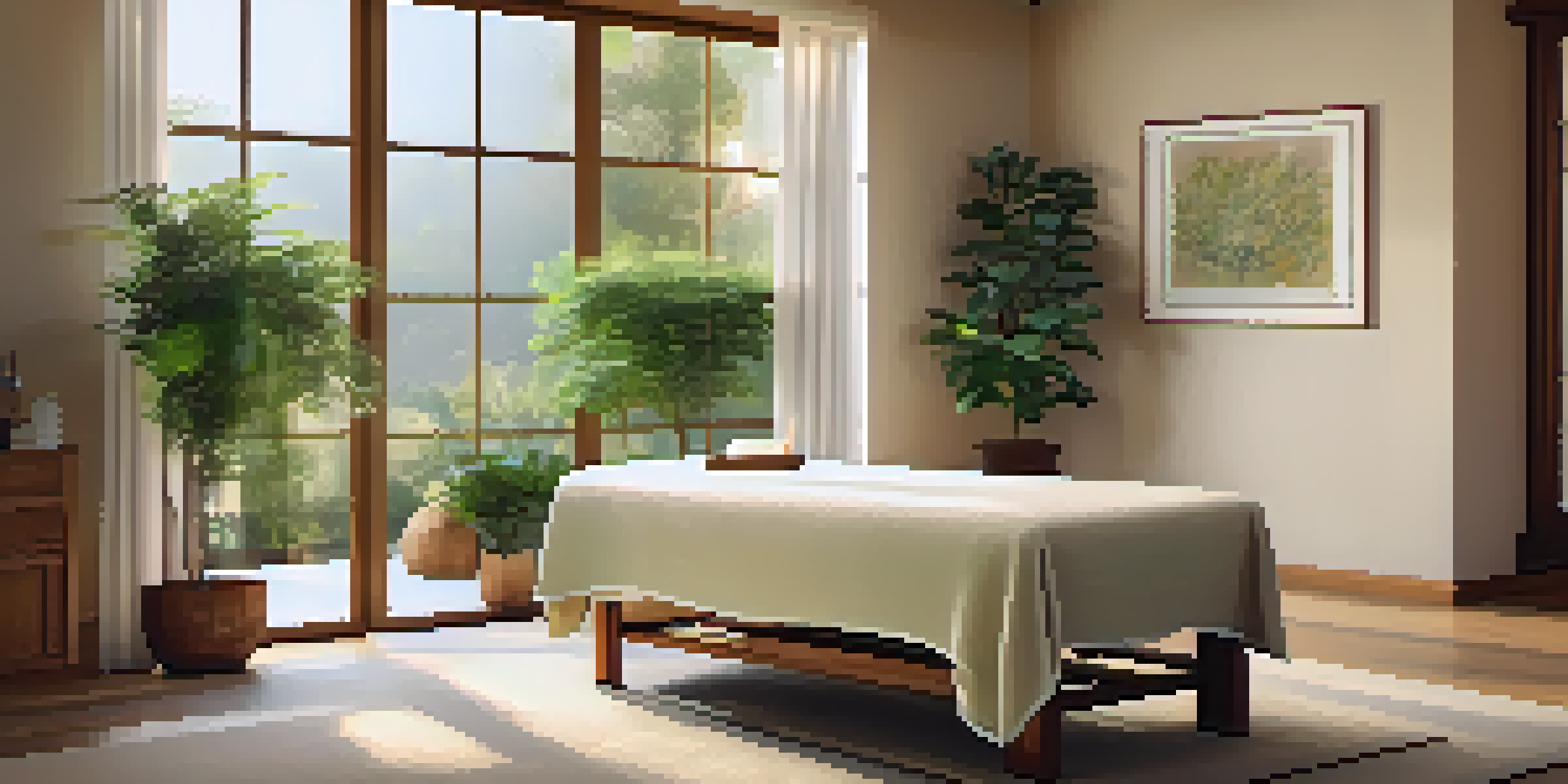 A peaceful spa room with a massage table, herbal oils, plants, and soft lighting, creating a relaxing atmosphere.