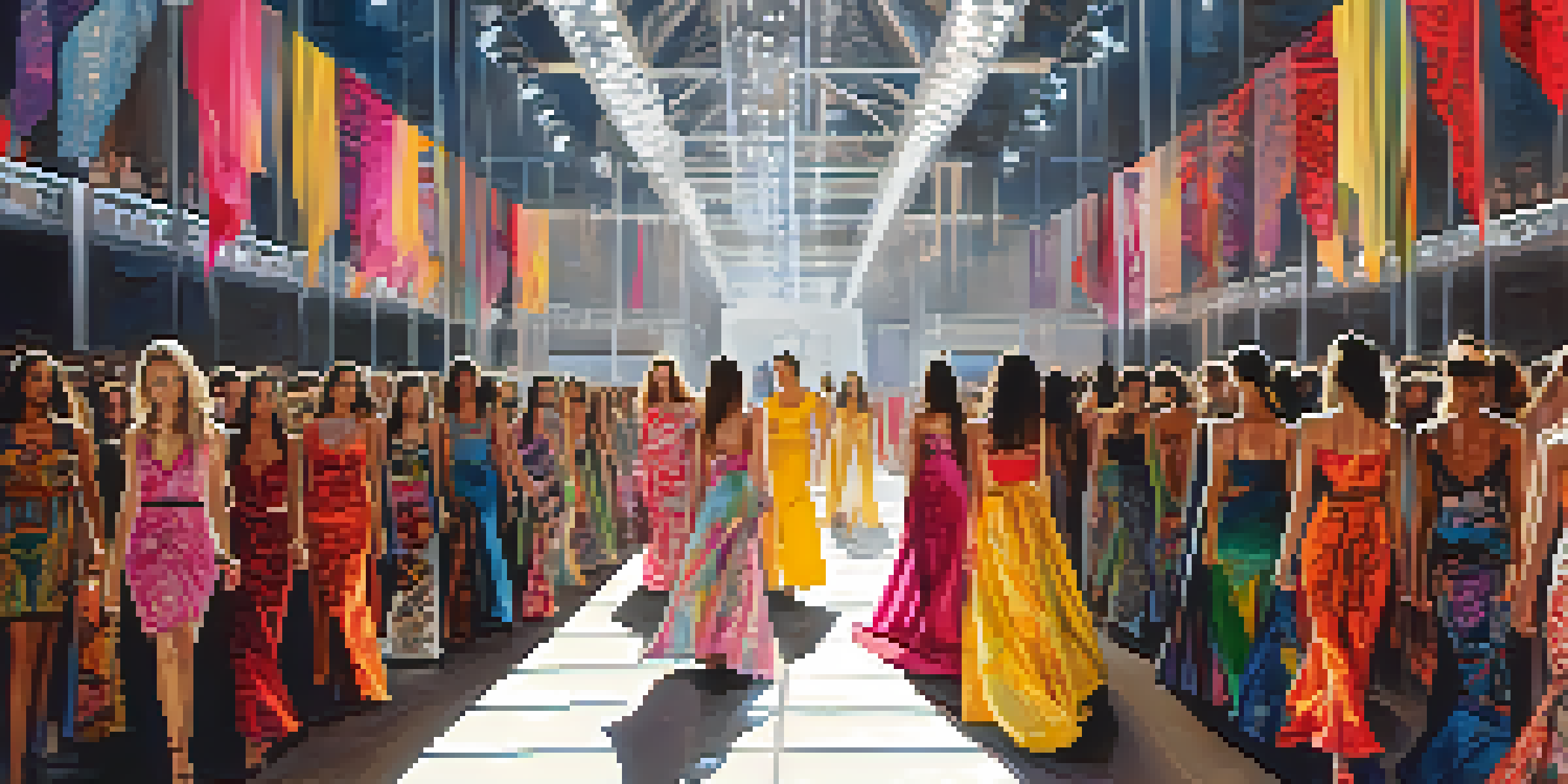 A luxury fashion show in a city setting, showcasing models in colorful outfits made from traditional fabrics, under soft lighting.